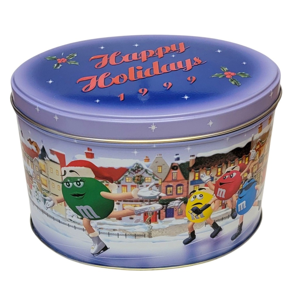 VTG 90s M&Ms Tin Canister 1999 Christmas Village Series Skating Rink‎ 09 Decor